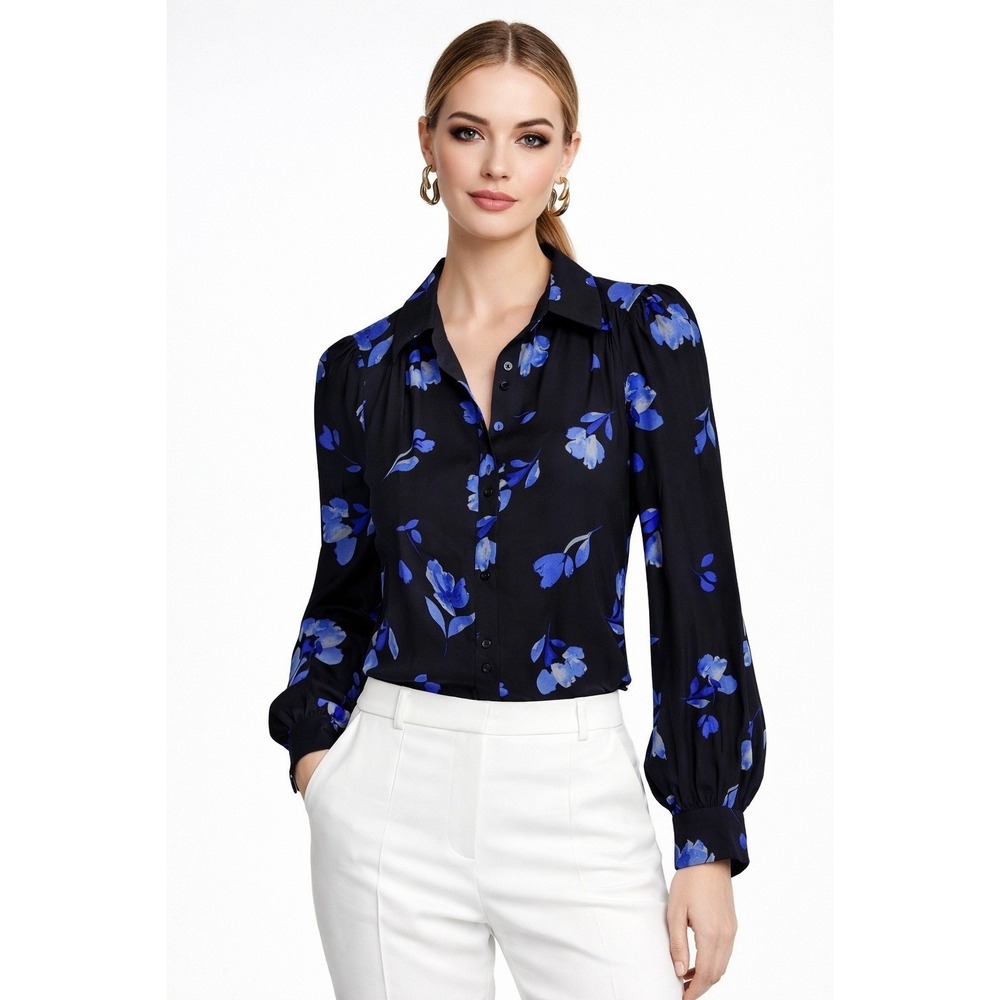 Daniel‎ Rainn Zaro Button Up Blouse Womens Size S Black Blue Floral NWT